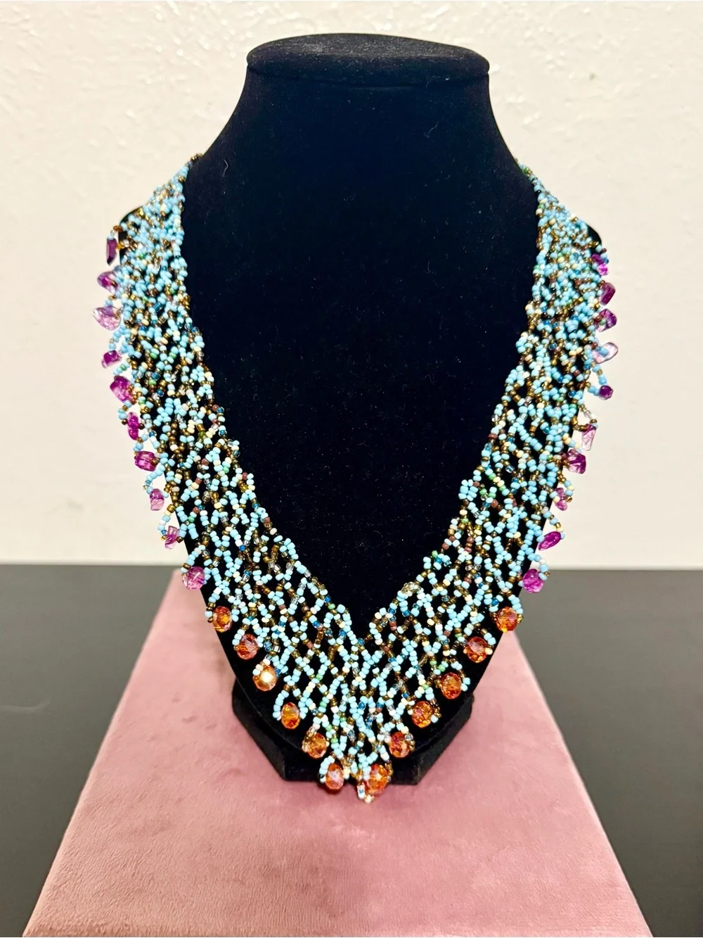 Stunning Handmade Beaded Statement Necklace with Turquoise, Purple and Amber